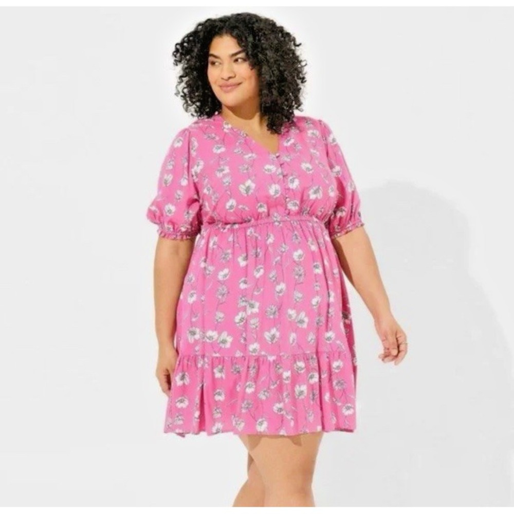 3X‎ TORRID Pink Floral Tiered Puff Sleeve Spring Summer Dress Cottage Fairy Core
